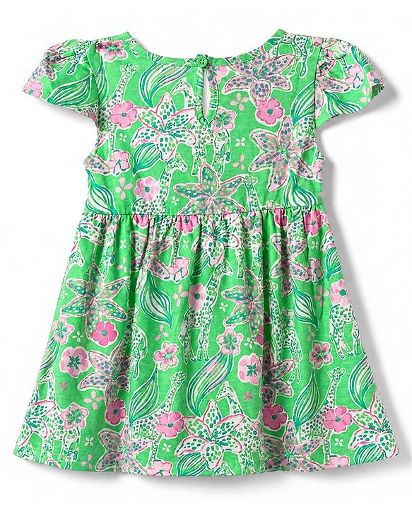 Babyhug Single Jersey Knit Half Sleeves Frock with Giraffes and Flowers Print With Bow Applique - Green