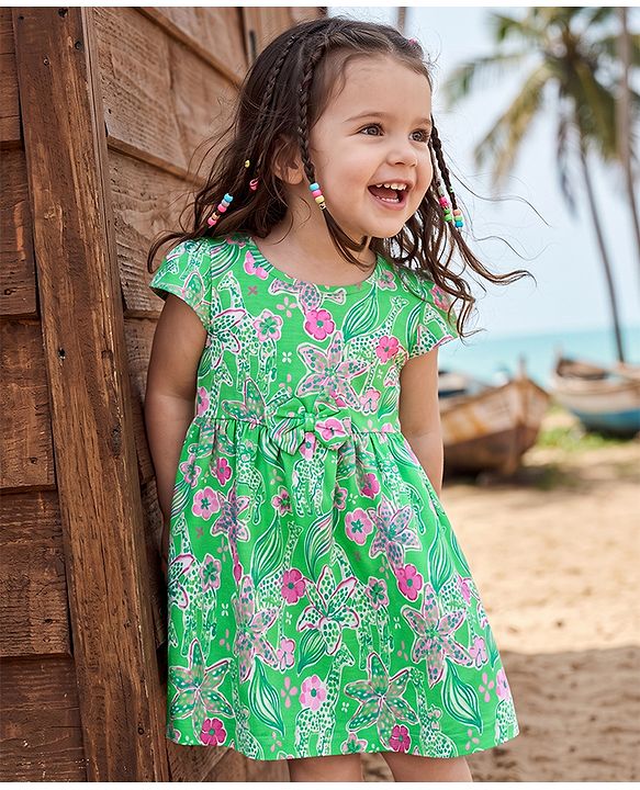 Babyhug Single Jersey Knit Half Sleeves Frock with Giraffes and Flowers Print With Bow Applique - Green