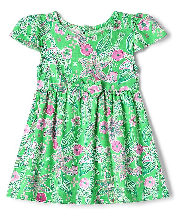 Babyhug Single Jersey Knit Half Sleeves Frock with Giraffes and Flowers Print With Bow Applique - Green