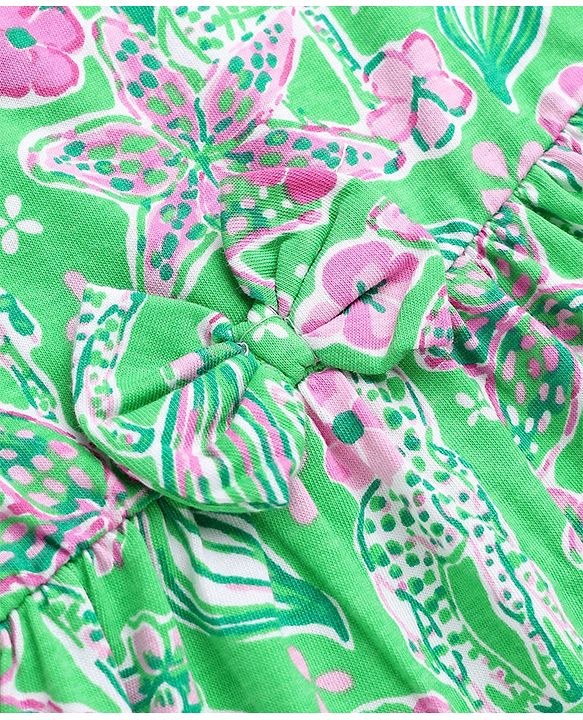 Babyhug Single Jersey Knit Half Sleeves Frock with Giraffes and Flowers Print With Bow Applique - Green