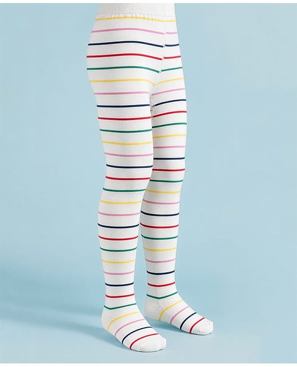 Cute Walk By Babyhug Non Terry Knit Regular Tights With Stripe Design - White
