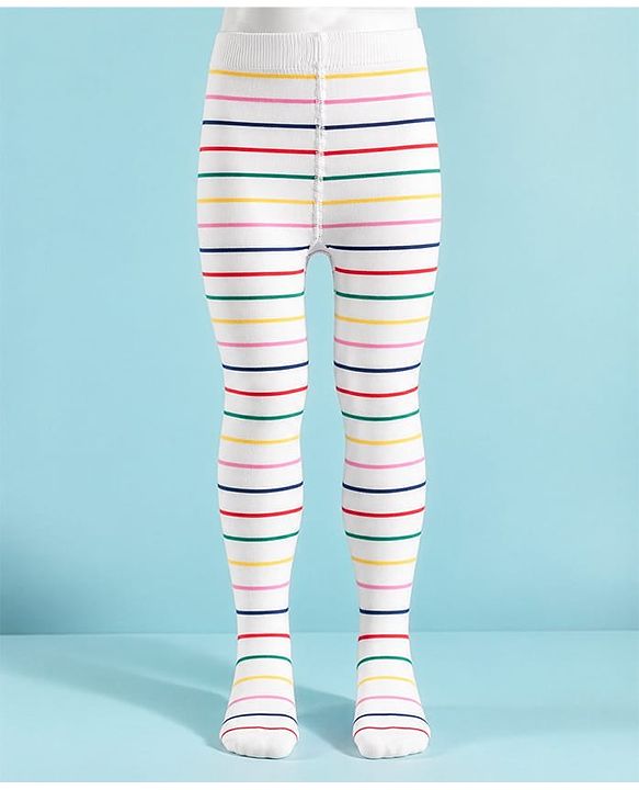 Cute Walk By Babyhug Non Terry Knit Regular Tights With Stripe Design - White