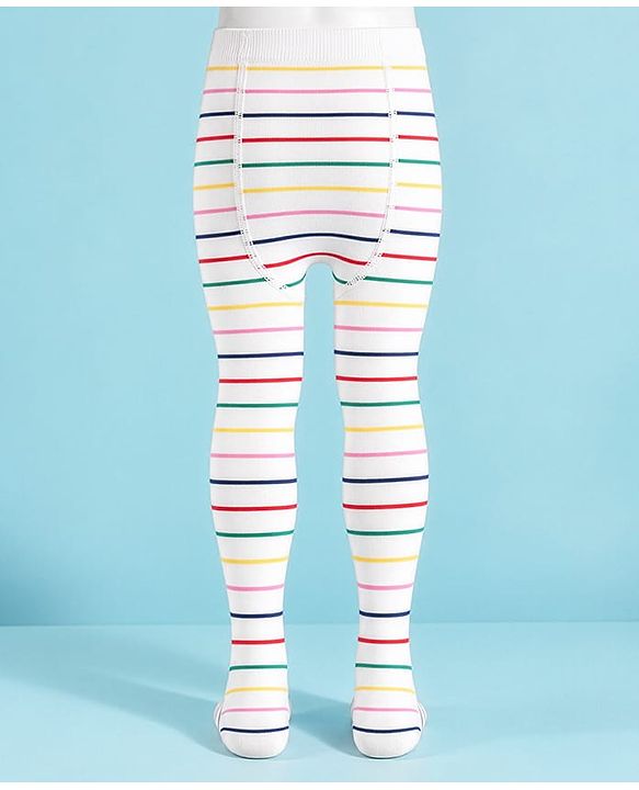 Cute Walk By Babyhug Non Terry Knit Regular Tights With Stripe Design - White