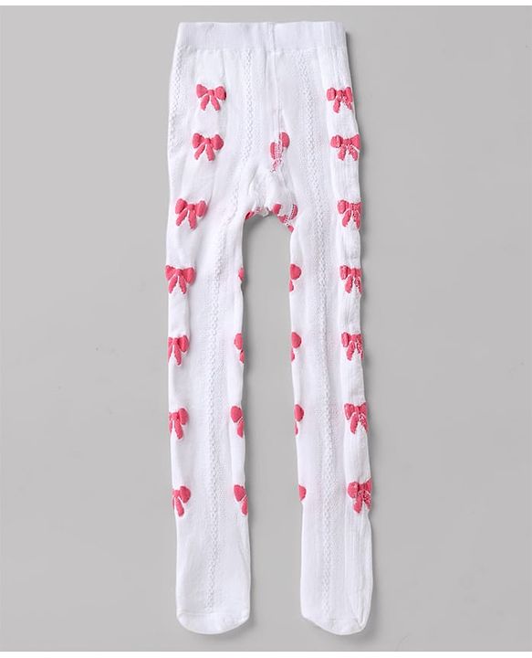 Cute Walk by Babyhug Cotton Non terry Knit Tights with Bow Design in White