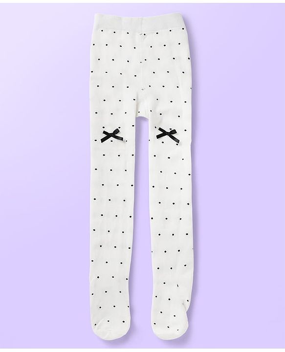 Cute Walk by Babyhug Cotton Knit Tights with Bow Applique & Polka Dots - White