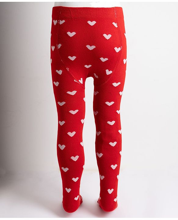 Cute Walk by Babyhug Non terry Knit Full Length Tights with Heart Print - Red