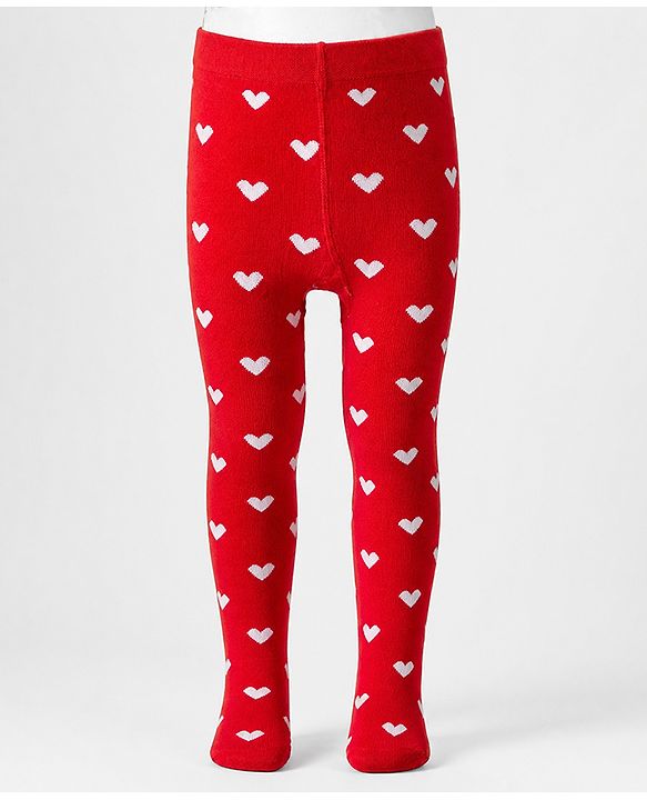 Cute Walk by Babyhug Non terry Knit Full Length Tights with Heart Print - Red