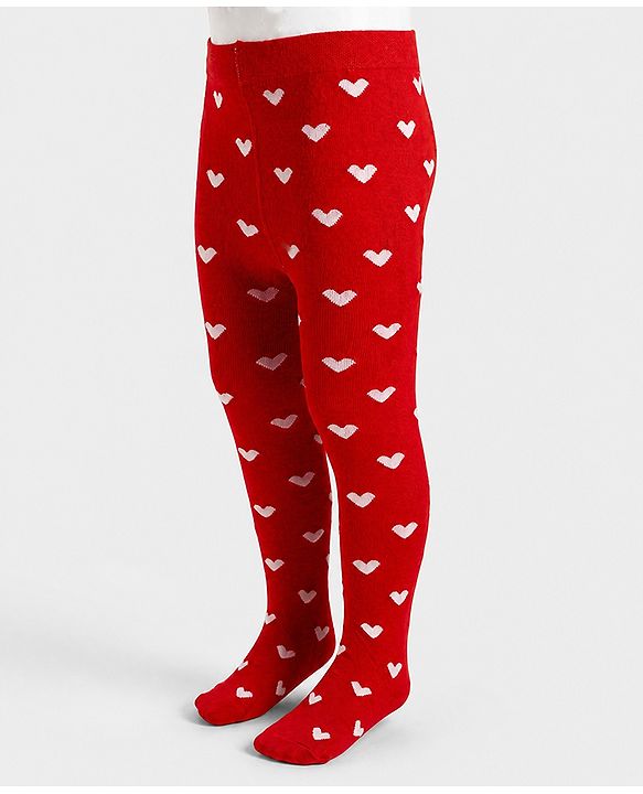 Cute Walk by Babyhug Non terry Knit Full Length Tights with Heart Print - Red