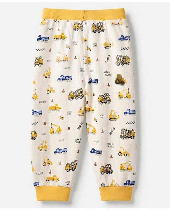 Babyhug Cotton Jersey Knit Full Length Jogger Fit Lounge Pants with Vehicle Print Pack of 3 In Black White & Blue