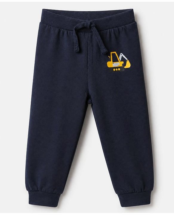 Babyhug Cotton Jersey Knit Full Length Jogger Fit Lounge Pants with Vehicle Print Pack of 3 In Black White & Blue