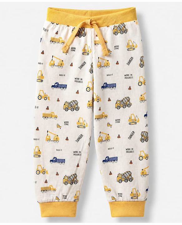 Babyhug Cotton Jersey Knit Full Length Jogger Fit Lounge Pants with Vehicle Print Pack of 3 In Black White & Blue