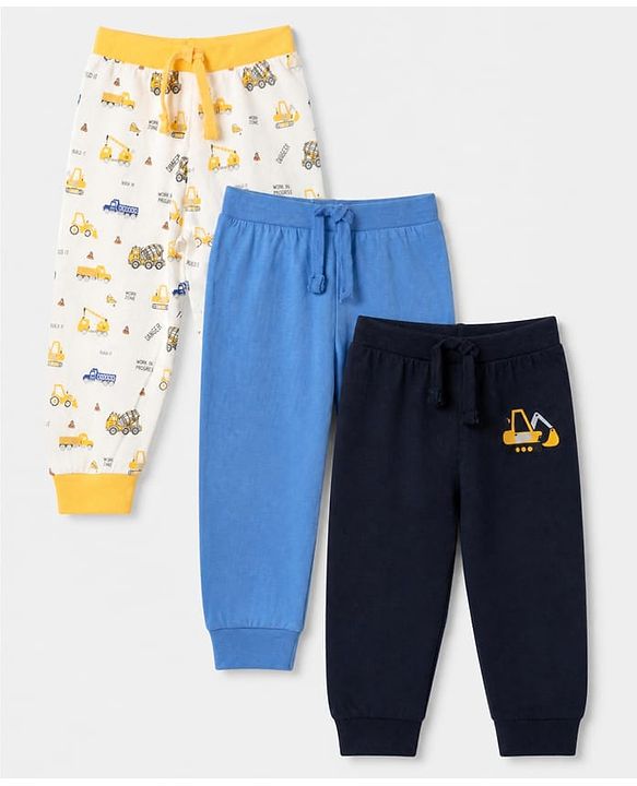 Babyhug Cotton Jersey Knit Full Length Jogger Fit Lounge Pants with Vehicle Print Pack of 3 In Black White & Blue