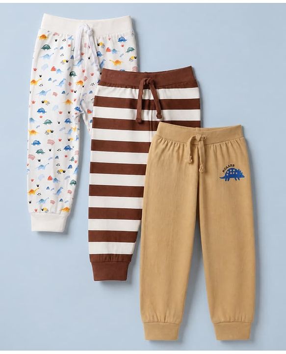 Babyhug Cotton Knit Full Length Jogger Fit Lounge Pant With Animal Print Pack of 3 - Red White