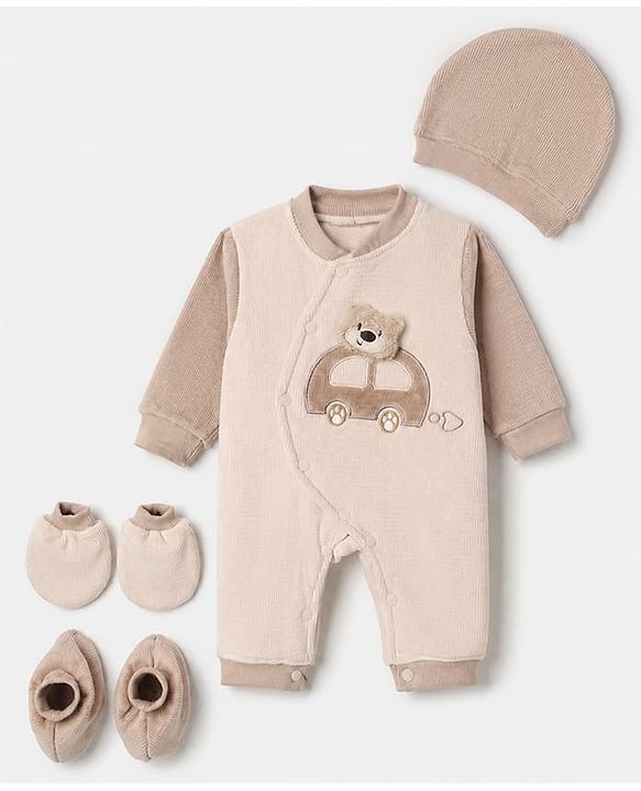 Babyhug Fur Knit Footed Romper with Full Sleeves and Car Patch in Cream