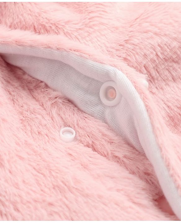Babyhug Fur Knit Footed Winter Romper with Full Sleeves and Bear Applique in Pink