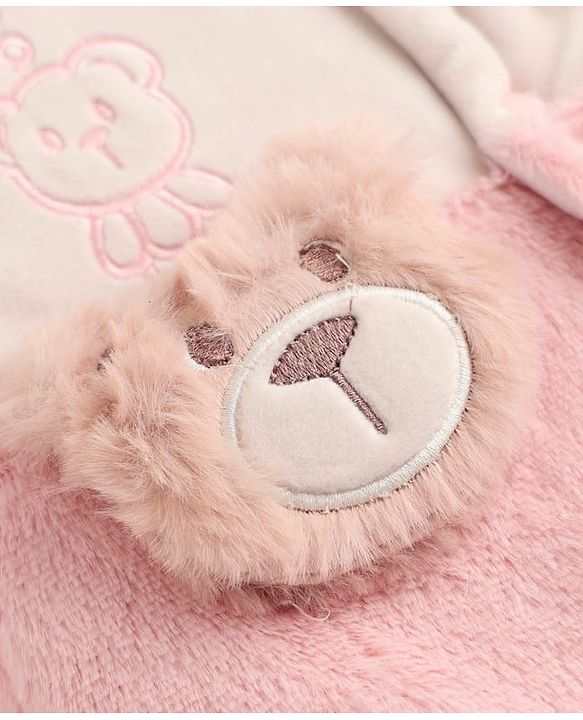 Babyhug Fur Knit Footed Winter Romper with Full Sleeves and Bear Applique in Pink