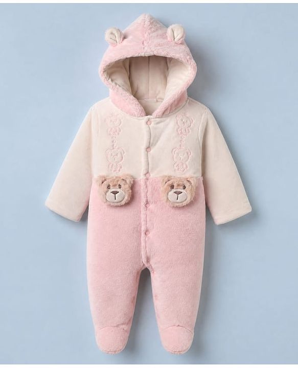 Babyhug Fur Knit Footed Winter Romper with Full Sleeves and Bear Applique in Pink