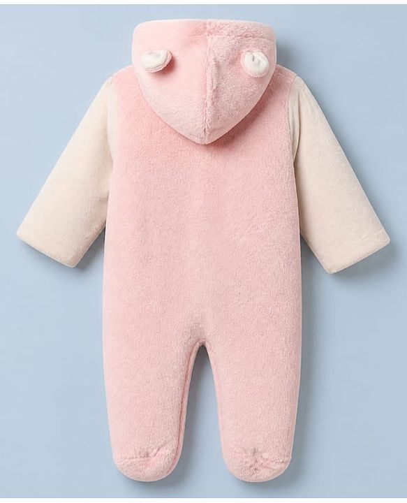 Babyhug Fur Knit Footed Winter Romper with Full Sleeves and Bear Applique in Pink