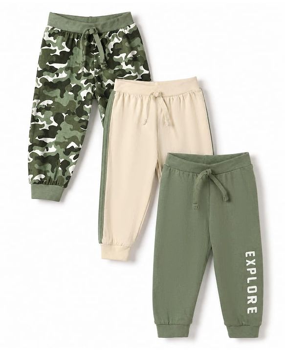 Babyhug Cotton Jersey Knit Full Length Jogger Fit Solid Lounge Pant with Camouflage Pack of 3 in Green Beige