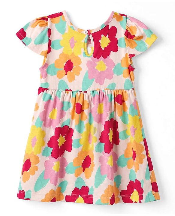Babyhug Single Jersey Knit One Piece Dress with Half Sleeves and Floral Print - Peach