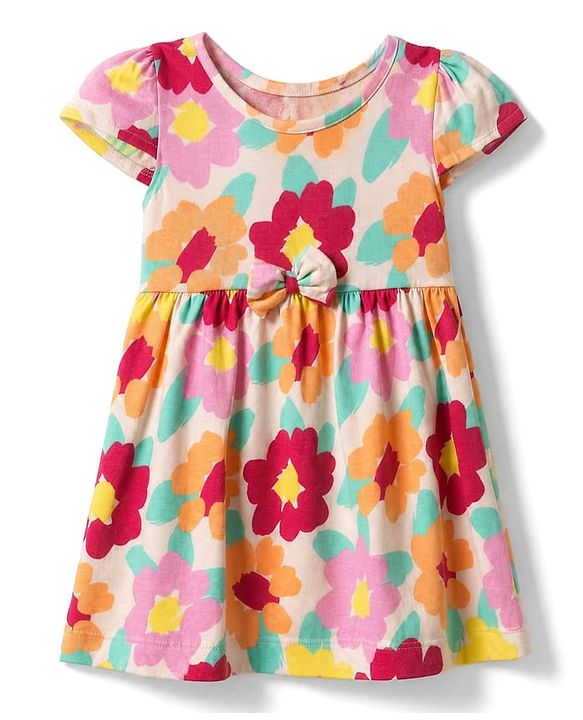 Babyhug Single Jersey Knit One Piece Dress with Half Sleeves and Floral Print - Peach
