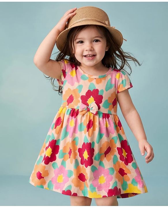 Babyhug Single Jersey Knit One Piece Dress with Half Sleeves and Floral Print - Peach