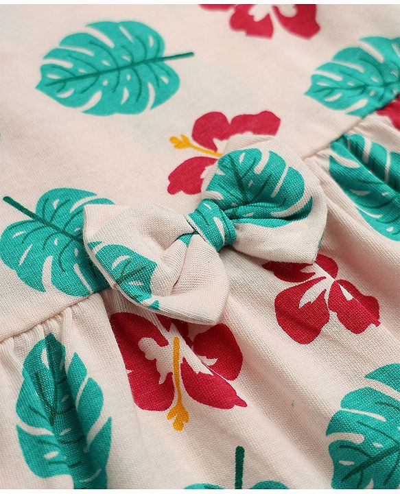 Babyhug Single Jersey Knit Half Sleeves One Piece Dress with Tropical Print - Red & Beige
