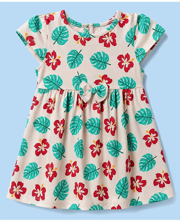 Babyhug Single Jersey Knit Half Sleeves One Piece Dress with Tropical Print - Red & Beige