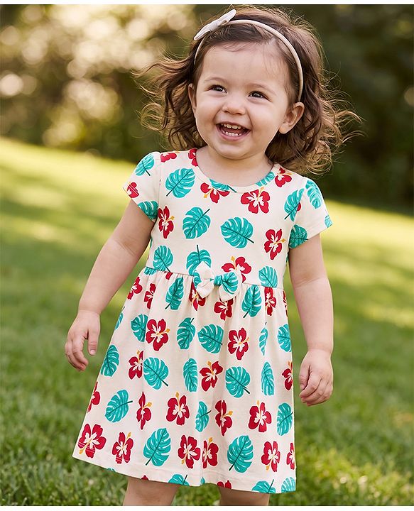 Babyhug Single Jersey Knit Half Sleeves One Piece Dress with Tropical Print - Red & Beige