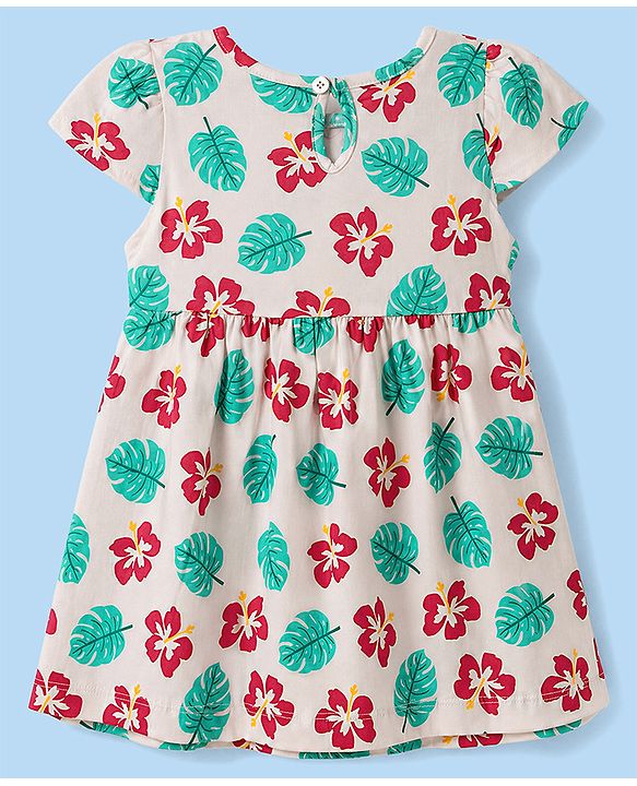 Babyhug Single Jersey Knit Half Sleeves One Piece Dress with Tropical Print - Red & Beige