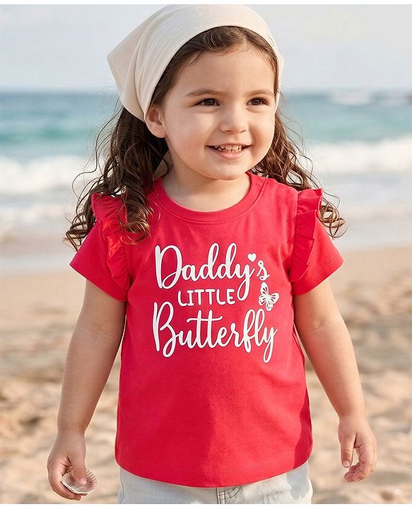 Babyhug 100% Cotton Knit Full Sleeves T-Shirt with Daddy's Little Butterfly Print - Red