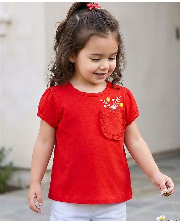 Babyhug 100% Cotton Knit Half Sleeves T-Shirt With Floral Print - Red