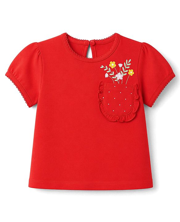 Babyhug 100% Cotton Knit Half Sleeves T-Shirt With Floral Print - Red