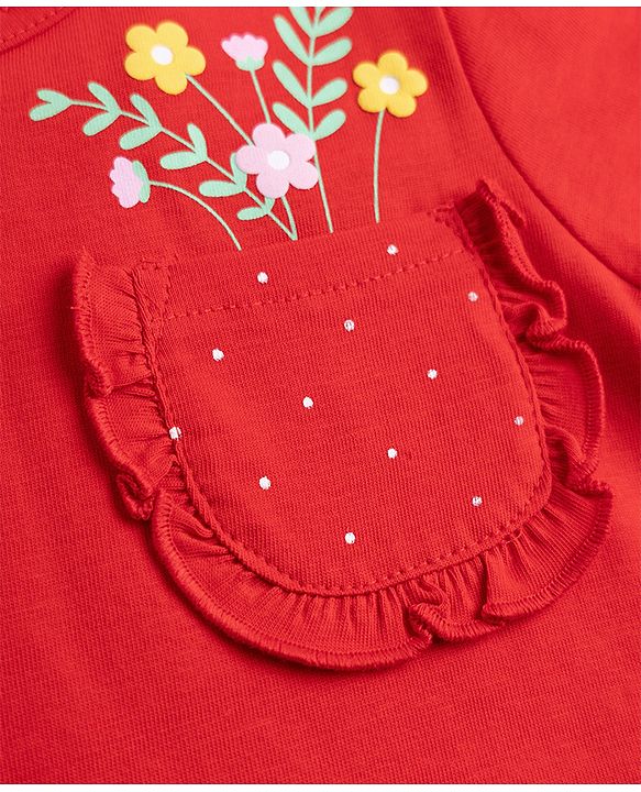 Babyhug 100% Cotton Knit Half Sleeves T-Shirt With Floral Print - Red