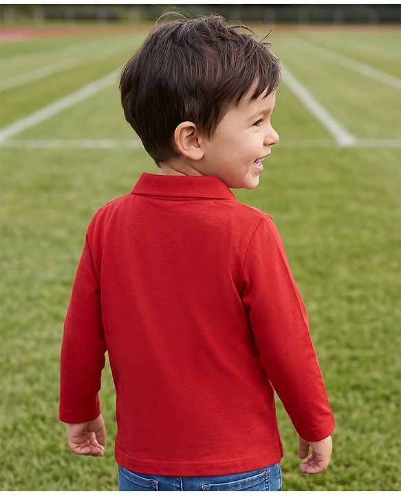 Babyhug Knit Full Sleeves Polo T-Shirt with Speed Racer 9 Print - Red