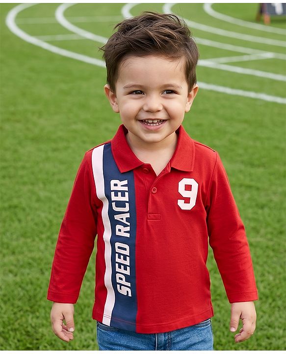 Babyhug Knit Full Sleeves Polo T-Shirt with Speed Racer 9 Print - Red