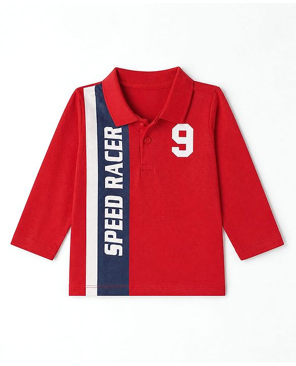 Babyhug Knit Full Sleeves Polo T-Shirt with Speed Racer 9 Print - Red