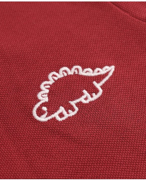 Babyhug 100% Cotton Knit Full Sleeves Polo T-Shirt With Dinosaur Embroidery - Red
