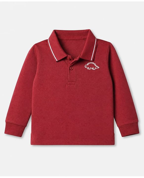 Babyhug 100% Cotton Knit Full Sleeves Polo T-Shirt With Dinosaur Embroidery - Red