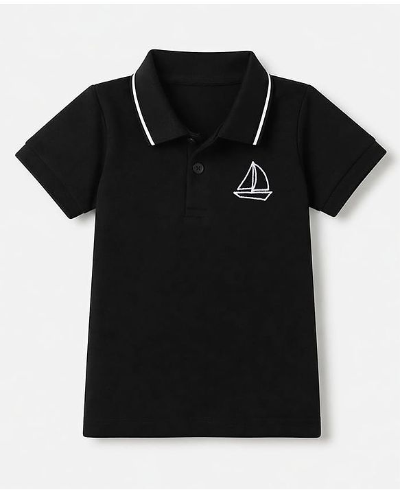 Babyhug Knit Half Sleeves Solid Polo T-Shirt with Sailboat Embroidery - Black