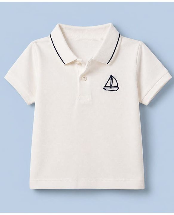 Babyhug 100% Cotton Knit Polo Tee with Half Sleeves and Sailboat Embroidery in White for 6-9 Months