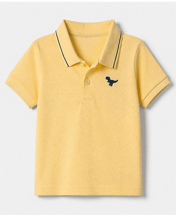 Babyhug 100% Cotton Knit Polo T-Shirt with Half Sleeves and Dinosaur Embroidery in Yellow