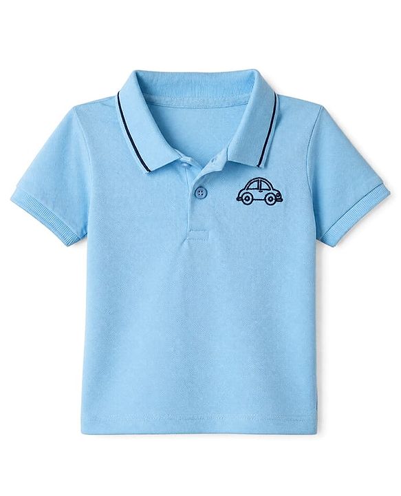 Babyhug 100% Cotton Knit T-Shirt with Half Sleeves and Car Embroidery in Light Blue