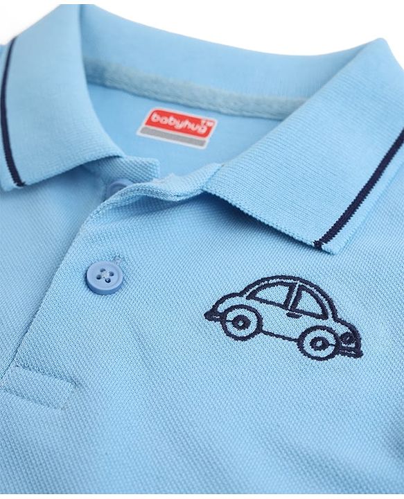 Babyhug 100% Cotton Knit T-Shirt with Half Sleeves and Car Embroidery in Light Blue