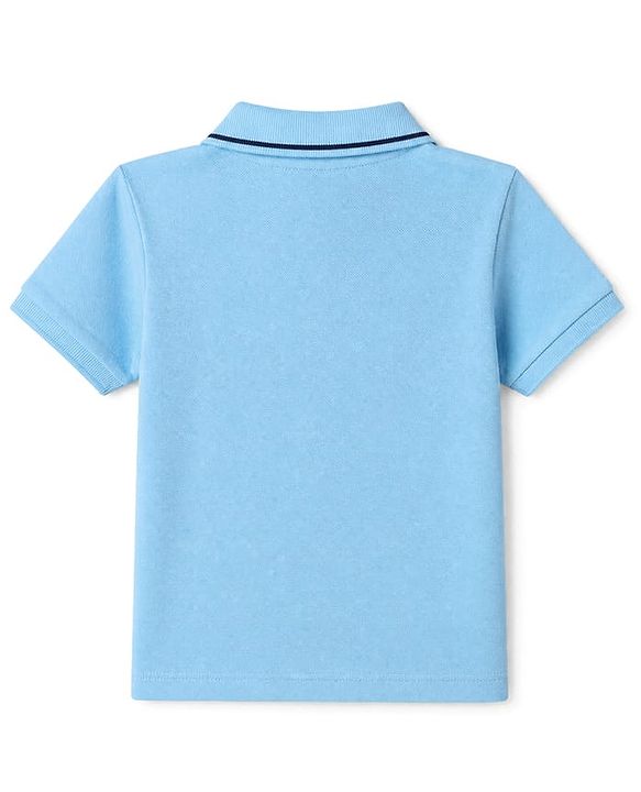 Babyhug 100% Cotton Knit T-Shirt with Half Sleeves and Car Embroidery in Light Blue