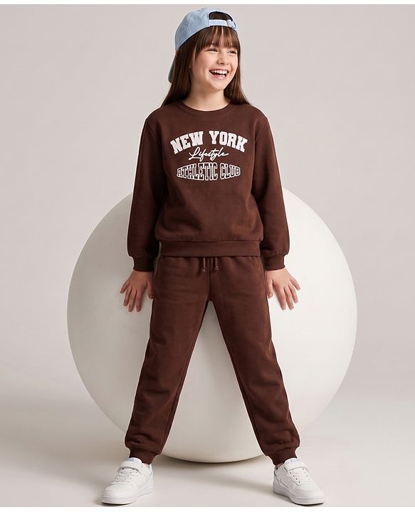 Pine Kids 100% Cotton Knit Full Sleeves Text Printed Winter Wear Suit - Brown