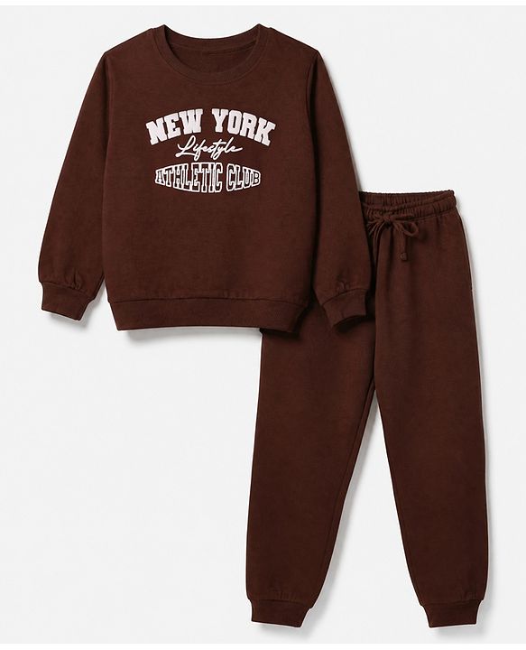 Pine Kids 100% Cotton Knit Full Sleeves Text Printed Winter Wear Suit - Brown