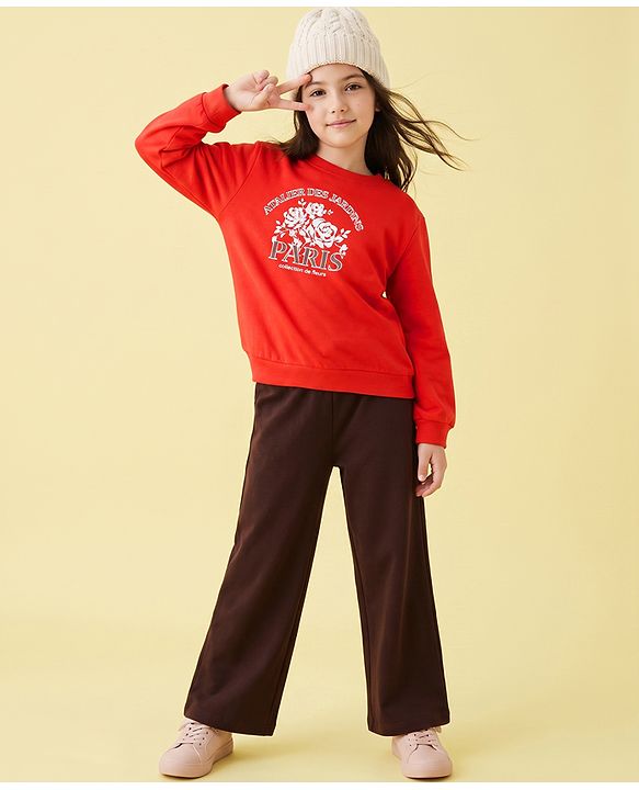 Pine Kids Looper Knit Full Sleeves Winter Wear Suit With Text Print - Red