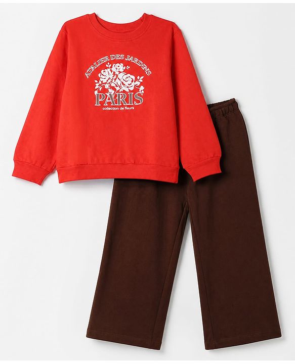 Pine Kids Looper Knit Full Sleeves Winter Wear Suit With Text Print - Red