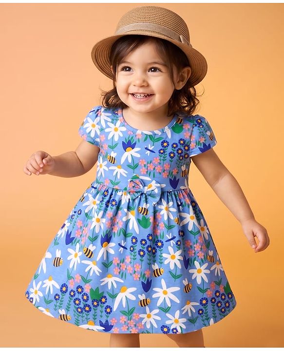 Babyhug Single Jersey Knit Half Sleeves Frock with Floral & Bees Print - Blue